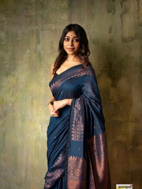 Women's Silk Printed Saree With Unstitched Blouse 5.5Mtr (Navy Blue)