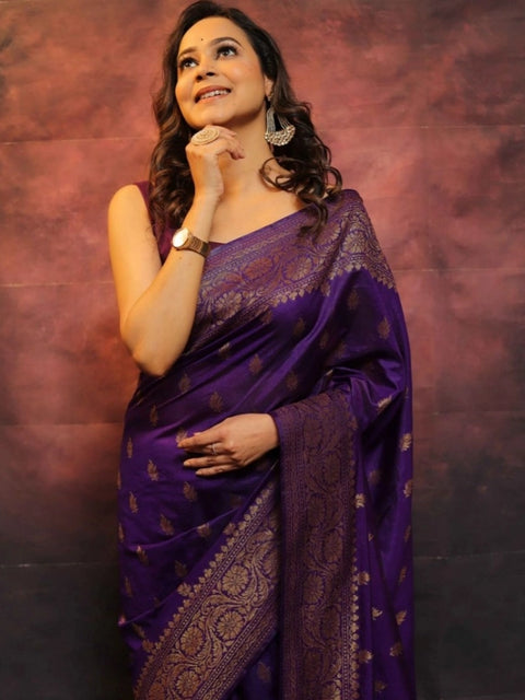 Women's Silk Printed Saree With Unstitched Blouse 5.5Mtr (Purple)