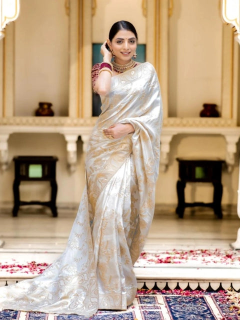 Women's Silk Printed Saree With Unstitched Blouse 5.5Mtr (White)