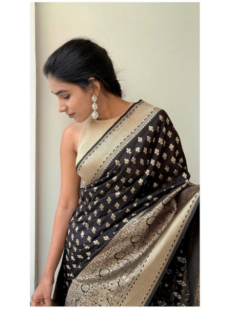 Women's Silk Printed Saree With Unstitched Blouse 5.5Mtr (Black)