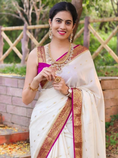 Women's Silk Printed Saree With Unstitched Blouse 5.5Mtr (White)