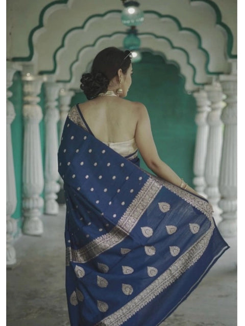 Women's Cotton  Printed Saree With Unstitched Blouse 5.5Mtr (Navy Blue)