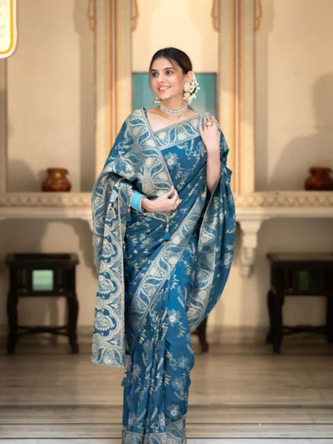 Women's Silk Printed Saree With Unstitched Blouse 5.5Mtr (Teal Blue)