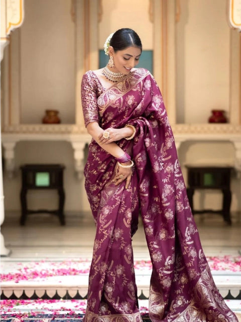 Women's Silk Printed Saree With Unstitched Blouse 5.5Mtr (Wine)