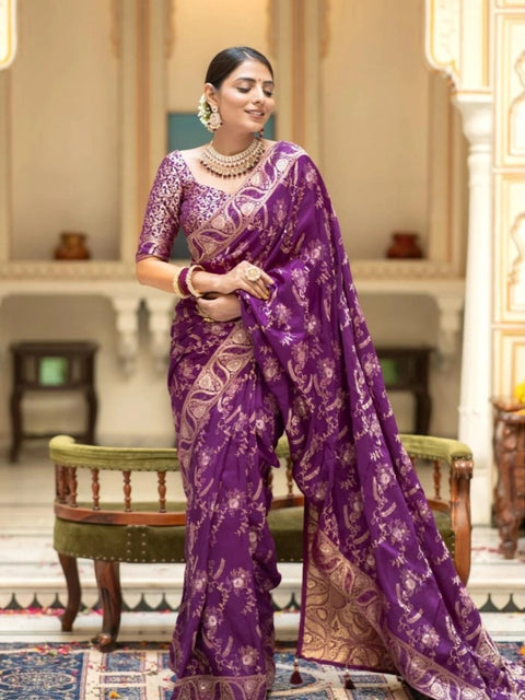 Women's Silk Printed Saree With Unstitched Blouse 5.5Mtr (Purple)