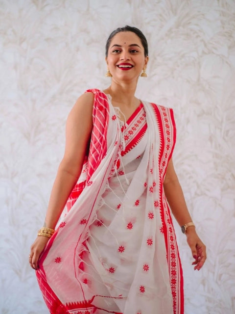 Women's Cotton  Printed Saree With Unstitched Blouse 5.5Mtr (White-Pink)