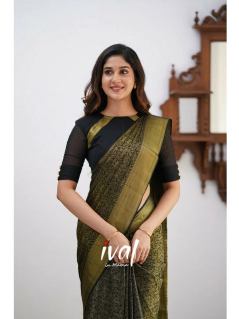 Women's Silk Printed Saree With Unstitched Blouse 5.5Mtr (Black)