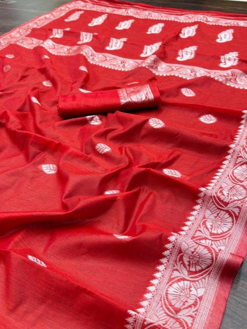 Women's Cotton  Printed Saree With Unstitched Blouse 5.5Mtr (Red)