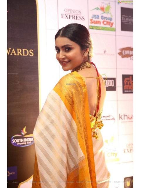 Women's Silk Printed Saree With Unstitched Blouse 5.5Mtr (Off White-Yellow)