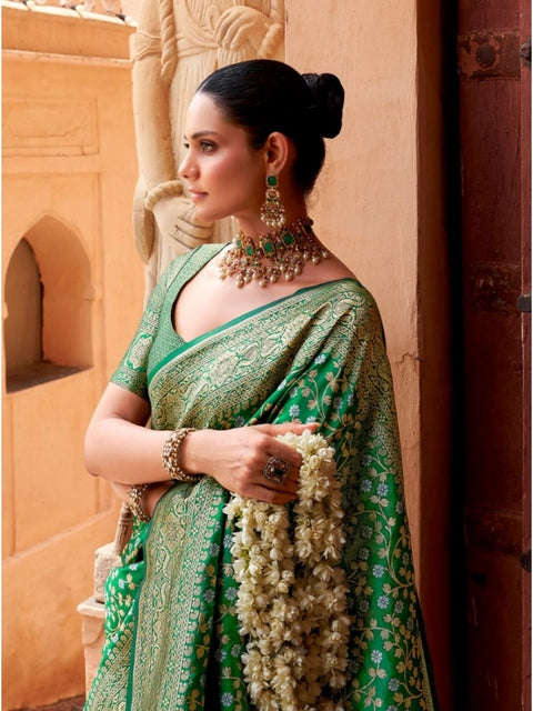 Women's Silk Printed Saree With Unstitched Blouse 5.5Mtr (Green)