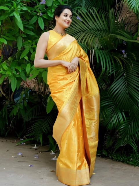 Women's Silk Printed Saree With Unstitched Blouse 5.5Mtr (Yellow)
