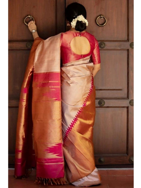 Women's Silk Printed Saree With Unstitched Blouse 5.5Mtr (Cream)