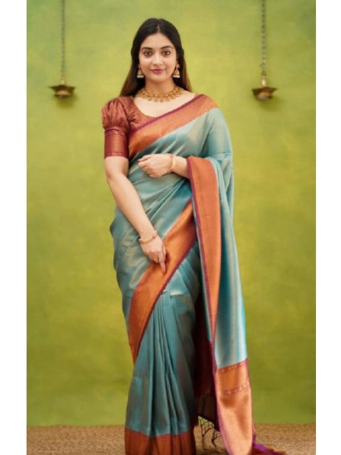 Women's Silk Printed Saree With Unstitched Blouse 5.5Mtr (Rama)