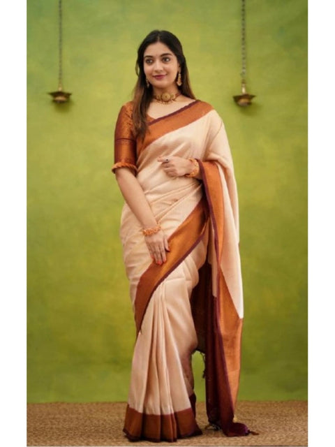 Women's Silk Printed Saree With Unstitched Blouse 5.5Mtr (Cream)
