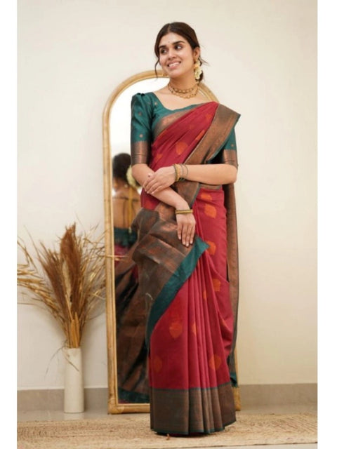 Women's Silk Printed Saree With Unstitched Blouse 5.5Mtr (Red)