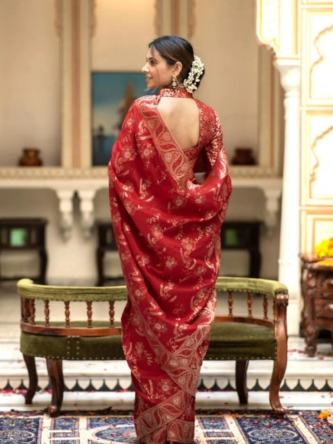 Women's Silk Printed Saree With Unstitched Blouse 5.5Mtr (Red)
