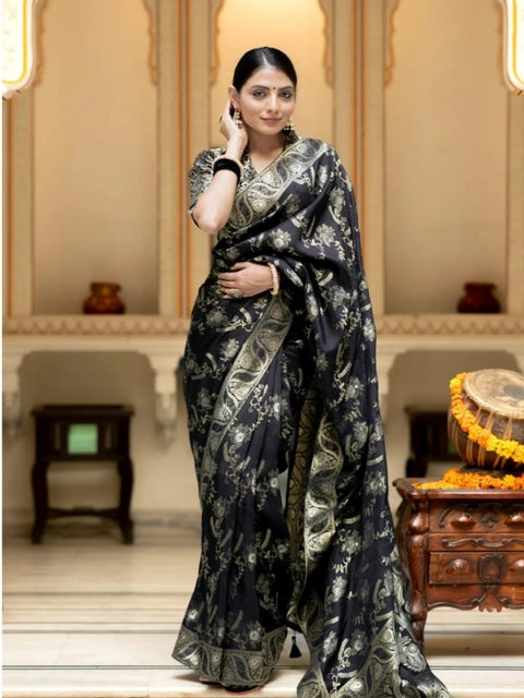 Women's Silk Printed Saree With Unstitched Blouse 5.5Mtr (Black)