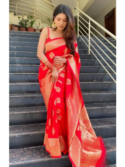 Women's Silk Printed Saree With Unstitched Blouse 5.5Mtr (Red)