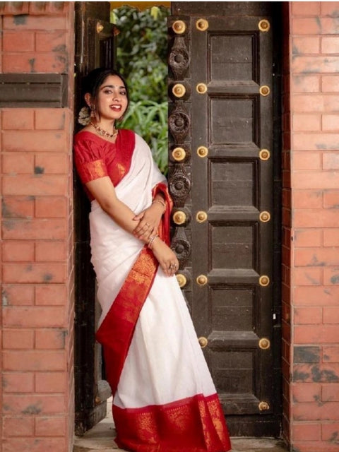 Women's Silk Printed Saree With Unstitched Blouse 5.5Mtr (White)