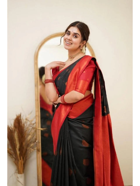 Women's Silk Printed Saree With Unstitched Blouse 5.5Mtr (Black)