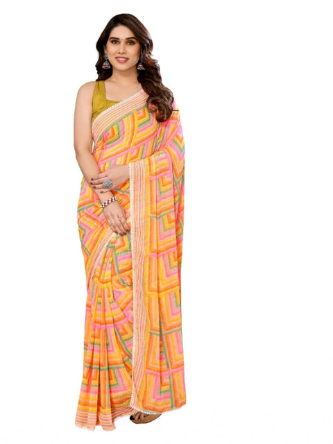 Women's Small Lace Georgette Printed Ready-to-Wear Saree With Unstitched Blouse 5.5 Mtr (Yellow)