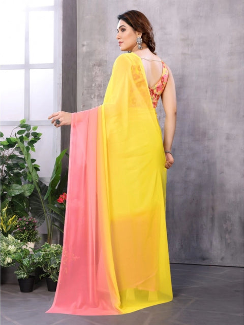 Women's Small Lace Georgette Solid Ready-to-Wear Saree With Unstitched Blouse 5.5 Mtr (Pink-Yellow)