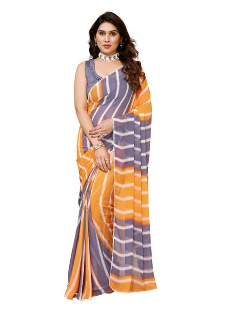 Women's Small Lace Georgette Striped Ready-to-Wear Saree With Unstitched Blouse 5.5 Mtr (Orange-Grey)