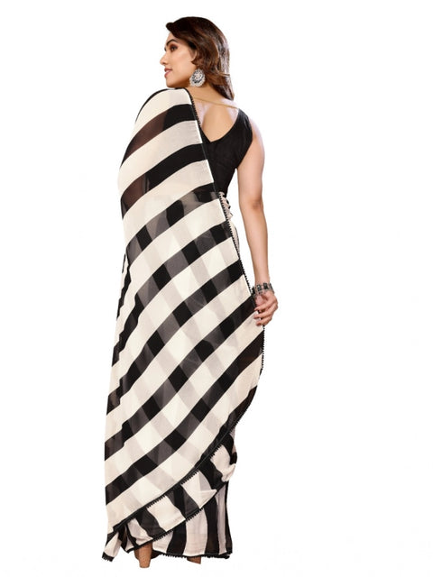 Women's Small Lace Georgette Striped Ready-to-Wear Saree With Unstitched Blouse 5.5 Mtr (Black-White)
