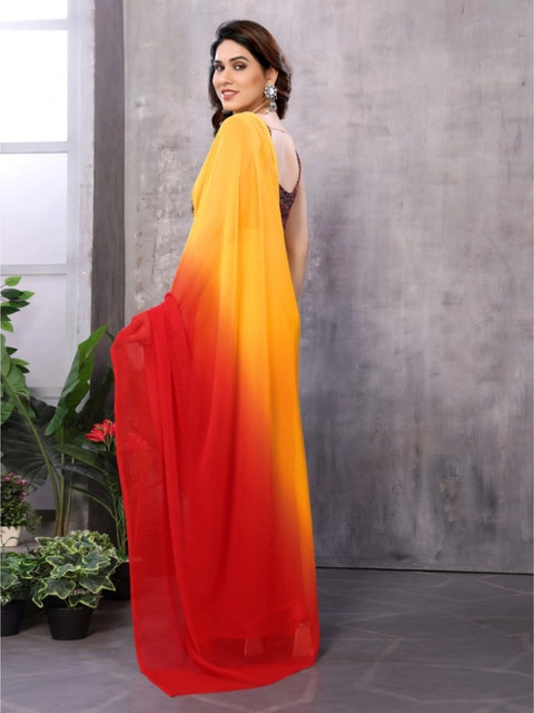 Women's Small Lace Georgette Solid Ready-to-Wear Saree With Unstitched Blouse 5.5 Mtr (Red-Orange)