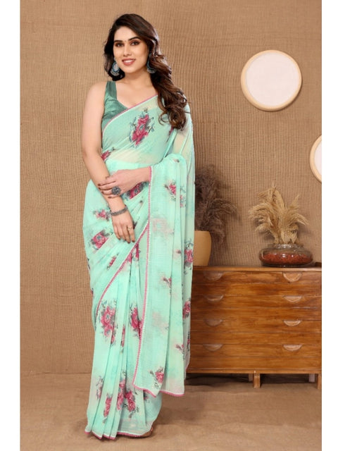 Women's Small Lace Georgette Printed Ready-to-Wear Saree With Unstitched Blouse 5.5 Mtr (Turquoise)