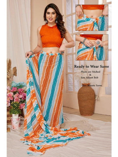 Women's Small Lace Georgette Striped Ready-to-Wear Saree With Unstitched Blouse 5.5 Mtr (Multicolor)