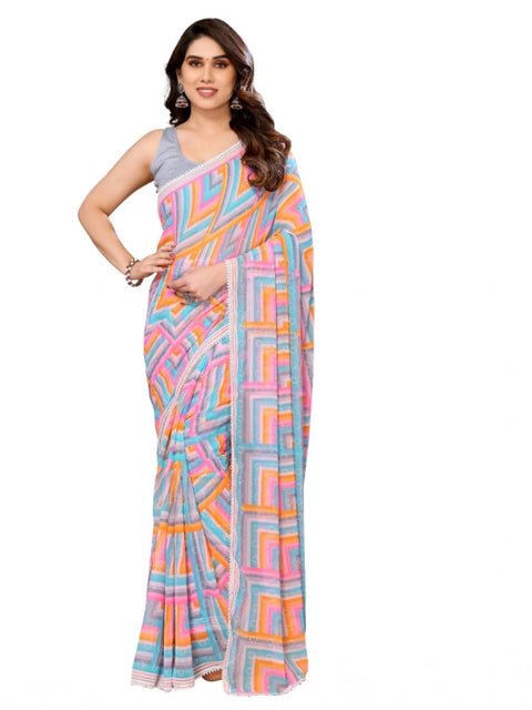 Women's Small Lace Georgette Printed Ready-to-Wear Saree With Unstitched Blouse 5.5 Mtr (Grey)