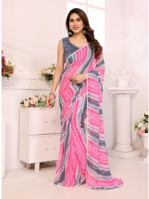 Women's Small Lace Georgette Striped Ready-to-Wear Saree With Unstitched Blouse 5.5 Mtr (Grey)