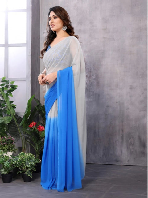 Women's Small Lace Georgette Solid Ready-to-Wear Saree With Unstitched Blouse 5.5 Mtr (Grey-Blue)