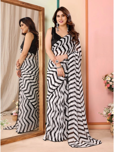 Women's Small Lace Georgette Striped Ready-to-Wear Saree With Unstitched Blouse 5.5 Mtr (Black)