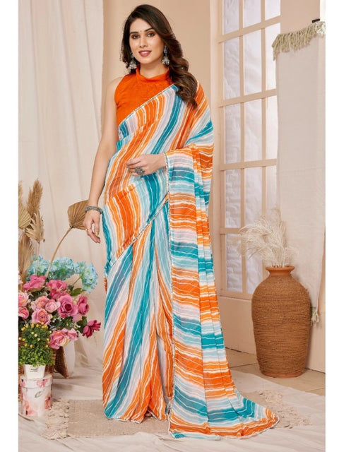 Women's Small Lace Georgette Striped Ready-to-Wear Saree With Unstitched Blouse 5.5 Mtr (Multicolor)