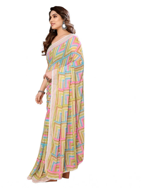 Women's Small Lace Georgette Printed Ready-to-Wear Saree With Unstitched Blouse 5.5 Mtr (Green)