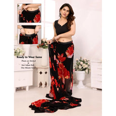 Generic Women's Small Lace Georgette Printed Ready-to-Wear Saree With Unstitched Blouse 5.5 Mtr (Black-Red)