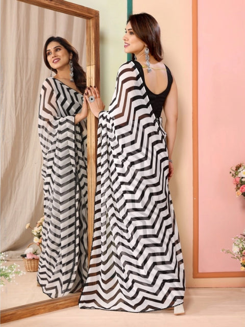 Women's Small Lace Georgette Striped Ready-to-Wear Saree With Unstitched Blouse 5.5 Mtr (Black)