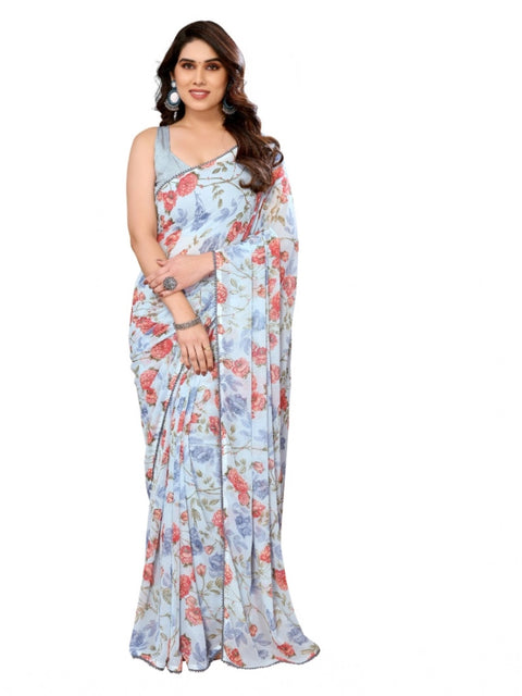 Women's Small Lace Georgette Printed Ready-to-Wear Saree With Unstitched Blouse 5.5 Mtr (Sky Blue)