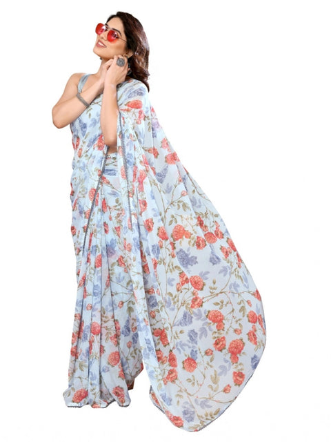 Women's Small Lace Georgette Printed Ready-to-Wear Saree With Unstitched Blouse 5.5 Mtr (Sky Blue)