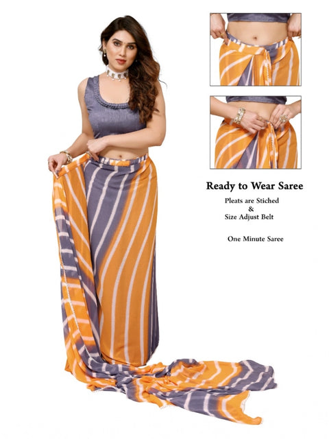 Women's Small Lace Georgette Striped Ready-to-Wear Saree With Unstitched Blouse 5.5 Mtr (Orange-Grey)