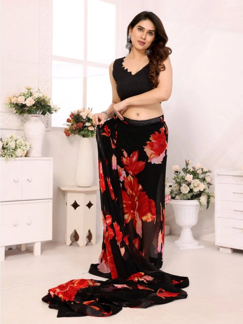 Women's Small Lace Georgette Printed Ready-to-Wear Saree With Unstitched Blouse 5.5 Mtr (Black-Red)