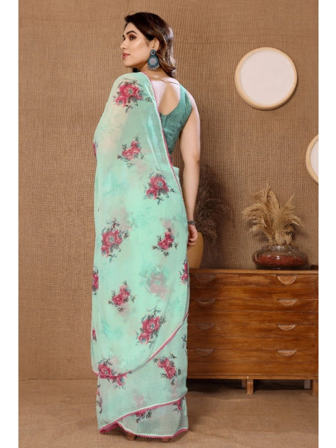 Women's Small Lace Georgette Printed Ready-to-Wear Saree With Unstitched Blouse 5.5 Mtr (Turquoise)
