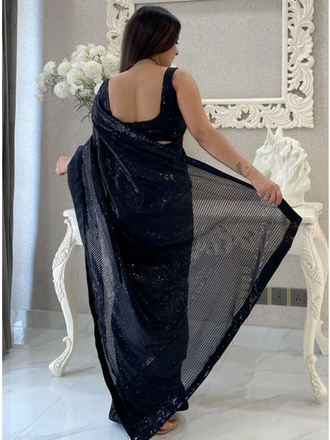 Women's Georgette Embellished Sequnece Bollywood Saree With Unstitched Blouse 5.5Mtr (Black)