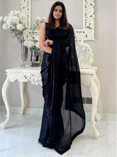 Women's Georgette Embellished Sequnece Bollywood Saree With Unstitched Blouse 5.5Mtr (Black)