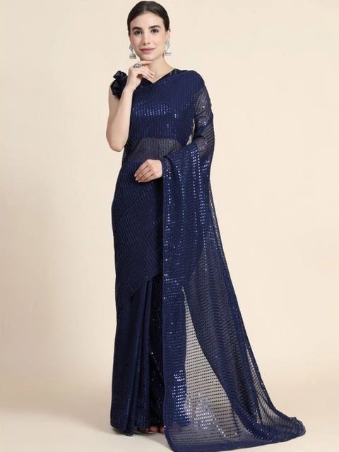 Women's Georgette Embellished Sequnece Bollywood Saree With Unstitched Blouse 5.5Mtr (Blue)