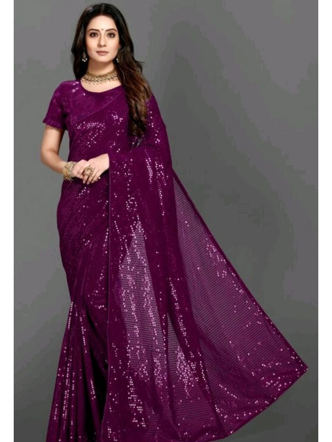 Women's Georgette Embellished Sequnece Bollywood Saree With Unstitched Blouse 5.5Mtr (Purple)