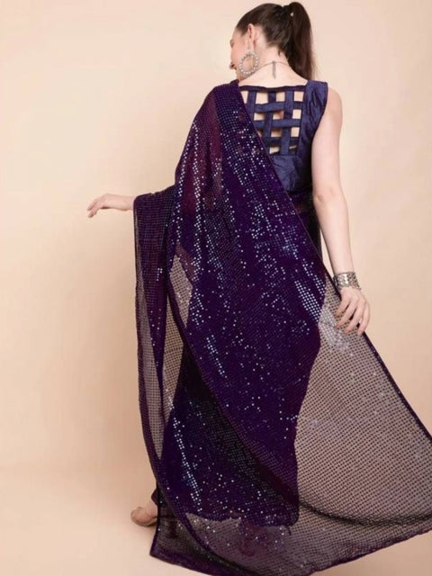 Women's Georgette Embellished Sequnece Bollywood Saree With Unstitched Blouse 5.5Mtr (Purple)