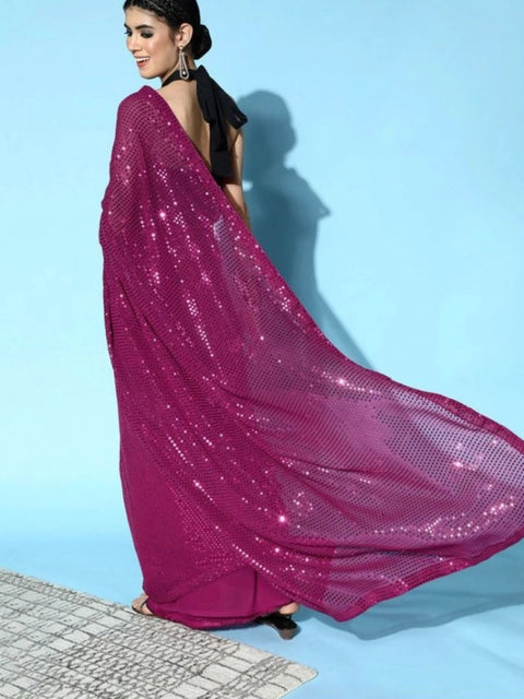 Women's Georgette Embellished Sequnece Bollywood Saree With Unstitched Blouse 5.5Mtr (Wine)